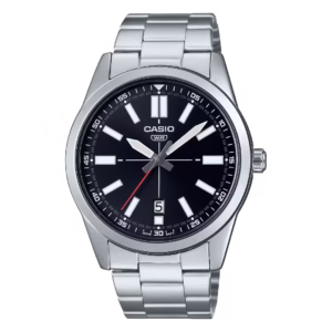 Casio MTP-VD02D-1E Timeless silver brass case and stainless steel bracelet, black dial men's analog quartz watch