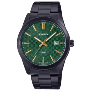 Casio MTP-VD03B-3A Timeless men's analog quartz watch with black ion-plated brass case, black stainless steel bracelet, and forest-green dial.