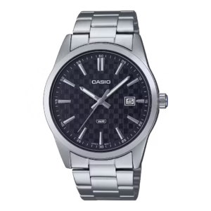 Casio MTP-VD03D-1A Timeless Collection men's classic analog watch, silver chrome-plated brass case, black dial, silver stainless steel bracelet.