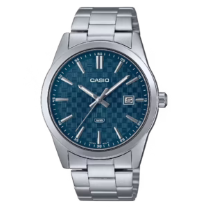 Casio MTP-VD03D-2A2 men's silver chrome-plated brass case, silver stainless steel bracelet, teal blue textured dial with date window classic watch