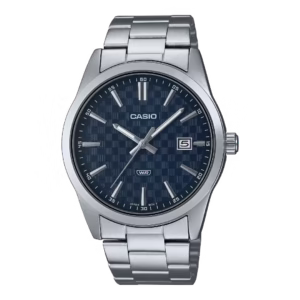 Casio MTP-VD03D-2A Timeless men's silver chrome-plated brass and stainless steel analog quartz watch with a navy blue checkerboard guilloche dial and date window.