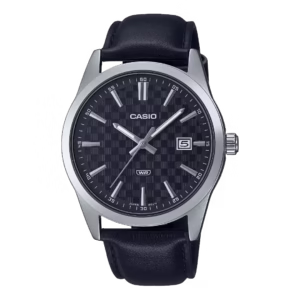 Casio MTP-VD03L-1A Men's Timeless round silver chrome-plated brass, silver polished brass bezel, black matte checkerboard dial with date window, luminous hands, black leather strap quartz watch