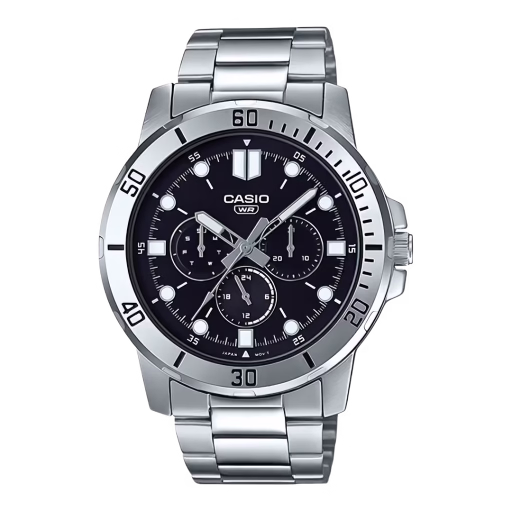 Casio MTP-VD300D-1E. Хронограф с серебристым корпусом из хромированной латуни, стальным браслетом и черным циферблатом.
