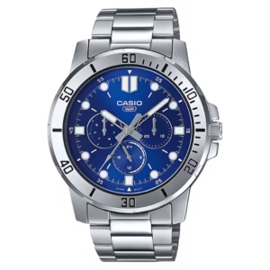 Casio MTP-VD300D-2E Timeless silver-toned brass case stainless steel bracelet royal blue dial men's analog quartz watch