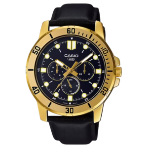 Casio MTP-VD300GL-1E Timeless men's classic gold ion-plated brass case, black stainless steel strap, black dial with calendar and 24-hour subdials watch.