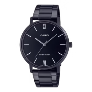 Casio MTP-VT01B-1B Timeless collection men's classic black ion-plated brass case and stainless steel bracelet quartz analog watch with black sunburst dial, Roman numerals, and indices.