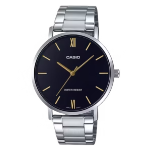 Casio MTP-VT01D-1B Timeless men's classic silver brass case stainless-steel bracelet round analog black dial watch