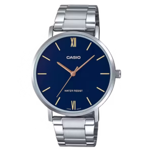 Casio MTP-VT01D-2B Timeless men's classic silver brass case, navy blue sunburst dial, stainless steel bracelet analog quartz watch
