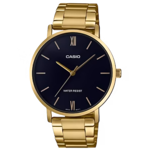 Casio MTP-VT01G-1B Timeless gold ion-plated brass men's analog quartz watch with black sunburst dial and gold stainless steel bracelet.