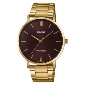 casio MTP-VT01G-5B Timeless men's quartz watch with a round gold ion-plated brass case, gold stainless steel folded-links bracelet, and sunburst chocolate brown dial with gold Roman numeral and index markers.