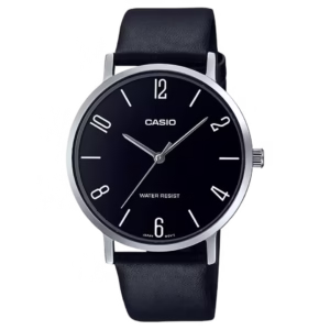 Casio MTP-VT01L-1B2 Timeless men's classic silver chrome-plated brass round watch with black sunburst dial, Arabic numerals, indices, and black genuine leather strap.