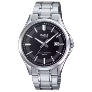 Casio MTS-100D-1A Timeless silver stainless-steel men's analog quartz watch with black sector dial, date window, and sapphire glass