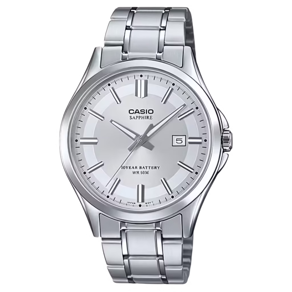 Чоловічий годинник Casio MTS-100D-7A Timeless у сталевому корпусі з сапфіровим склом, секторним циферблатом «sunburst» та вікном дати.