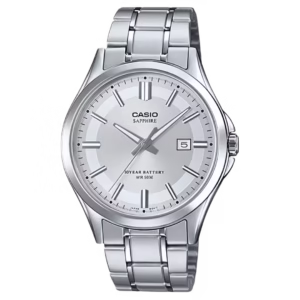 Casio MTS-100D-7A Timeless men's round silver stainless steel watch with sunburst sector dial, date window, and sapphire glass