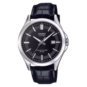 Casio MTS-100L-1A Timeless men's classic round silver stainless steel watch with black crocodile embossed leather strap and charcoal grey sector dial.