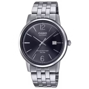 Casio MTS-110D-1A men's silver stainless steel charcoal grey sunburst dial analog quartz watch with sapphire crystal and date window