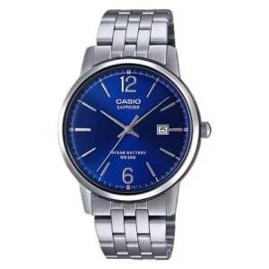 Casio MTS-110D-2A Timeless men's analog quartz watch with a royal blue sunburst dial, date window, silver stainless steel case and bracelet, and sapphire glass.