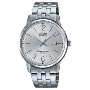 Casio MTS-110D-7A Timeless silver-tone stainless steel men's classic analog quartz watch with sunburst silver dial, date window, and sapphire glass.