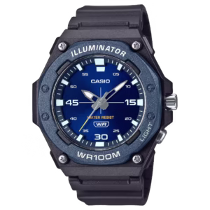 Casio MW-620H-2A Timeless Collection men's sport analog watch with black resin case, black resin strap, blue bezel, and navy blue dial.
