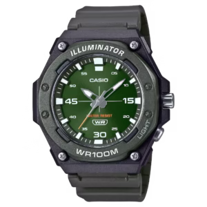 Casio MW-620H-3A charcoal grey polymer octagonal case, military-green polymer strap, bezel, and dial analog sport watch
