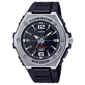 Casio MWA-100H-1A Timeless silver polymer case, black polymer strap, black dial men's sport analog round watch