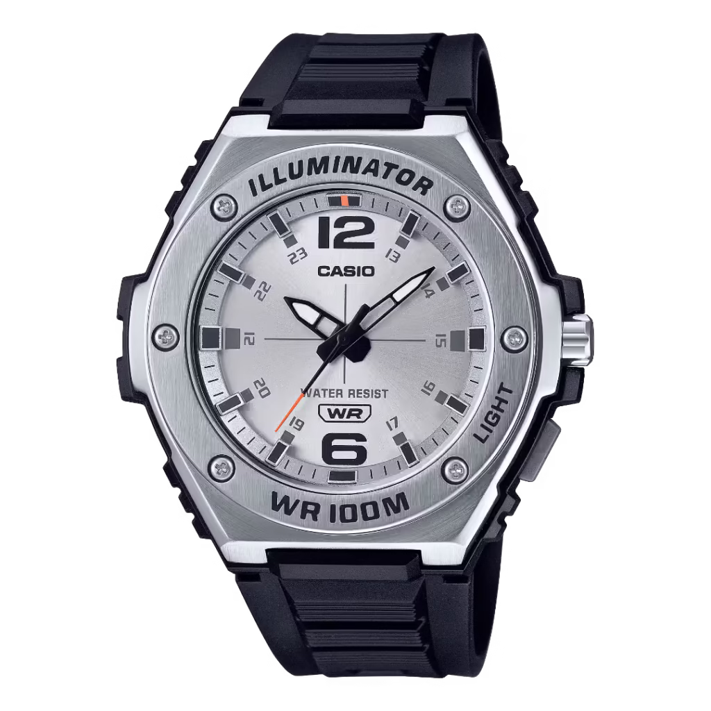 Casio MWA-100H-7A. Спортивний аналоговий годинник з чорним полімерним корпусом і ремінцем, сріблястим безелем з нерж. сталі та сріблястим циферблатом.