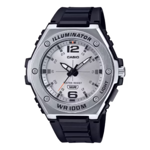 Casio MWA-100H-7A Timeless black polymer case, black polymer strap, silver stainless steel bezel, silver dial sport analog watch
