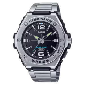 Casio MWA-100HD-1A Timeless men's sport watch with round silver polymer case, silver stainless steel bezel, black analog dial, silver polymer strap.