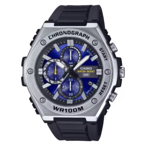 Casio MWA-300H-2A men's sport watch with silver resin case, stainless-steel bezel, black resin strap, royal-blue analog dial, chronograph, and date window.