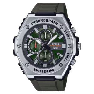 Casio MWA-300H-3A Timeless men's analog sport watch with a silver and black polymer case, silver stainless steel bezel, olive green chronograph dial with date, and olive green resin strap.