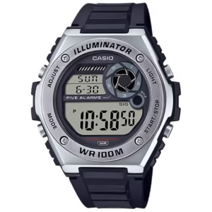 Casio MWD-100H-1A Timeless Collection black polymer and silver stainless-steel men's sport digital watch.