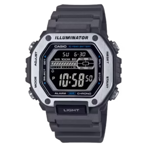 Casio MWD-110H-8B Timeless men's digital sport watch with charcoal grey resin octagonal case, silver stainless steel bezel, black negative display, and charcoal grey resin strap.