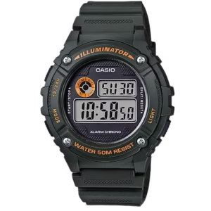 Casio W-216H-3B men's sport military watch with round olive green resin case, matte olive green resin strap, and black digital dial.