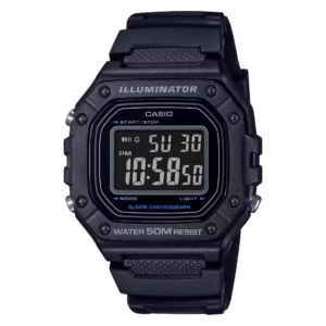 Casio W-218H-1B Timeless black polymer digital square watch with negative display.