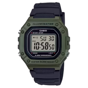 Casio W-218H-3A Timeless Collection men's olive green square matte polymer digital watch with black polymer strap.