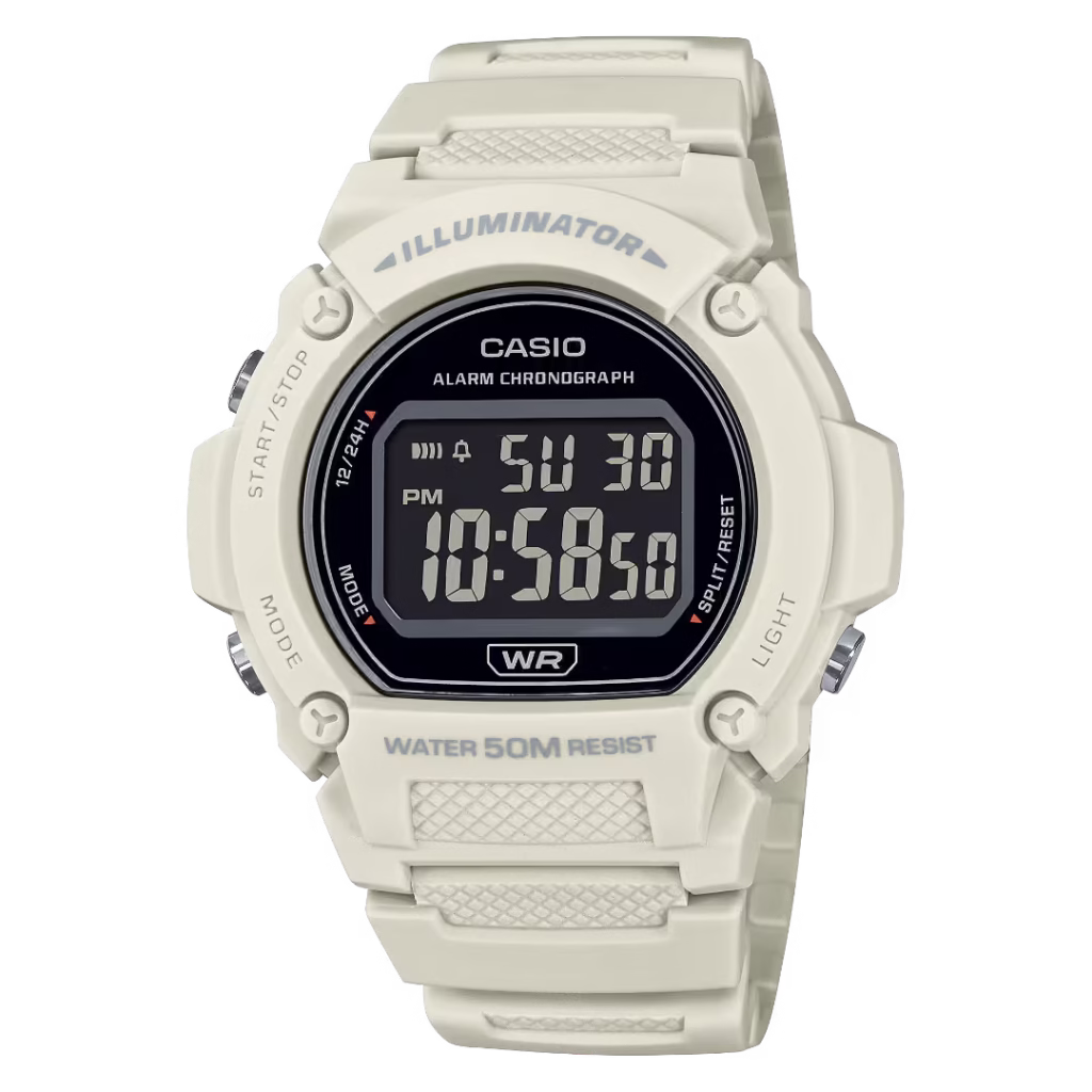 Чоловічий вінтажний спортивний цифровий годинник Casio W-219HC-8B з бежевим корпусом із полімерної смоли та чорним негативним дисплеєм.