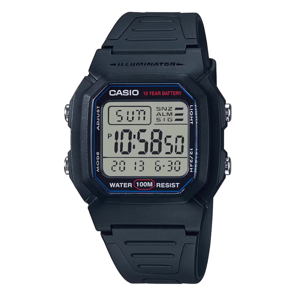 Чоловічий класичний цифровий годинник Casio W-800H-1A з прямокутним корпусом із чорної полімерної смоли та сірим дисплеєм.