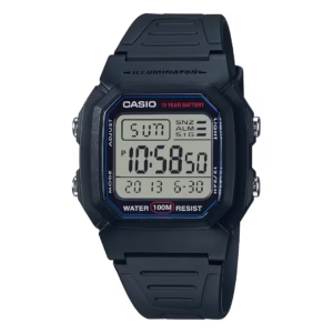 Casio W-800H-1A Timeless men's rectangular black resin digital watch with grey display