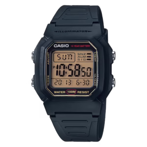 Casio W-800HG-9A Timeless black polymer men's vintage rectangular digital watch with gold-tinted display