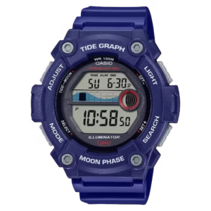 Casio WS-1300H-2A Timeless men's sport watch with navy blue resin case, bezel, and strap, grey digital dial