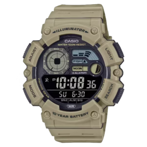 Casio WS-1500H-5B Timeless men's sport watch with a matte khaki beige resin case, bezel, and strap, featuring a black negative digital display.