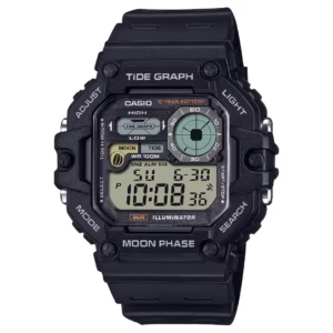 Casio WS-1700H-1A men's sport watch with black square resin case, black resin strap, and black digital dial with grey display.